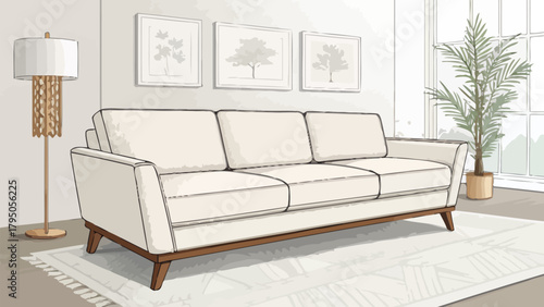 Stylish living room interior with modern couch, floor lamp, and potted plant for creating a relaxing and inviting atmosphere in your home