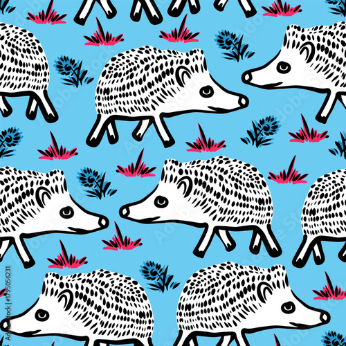 Seamless African hedgehog dog pattern on blue background for wrapping paper, textiles, backgrounds and children's wallpapers.