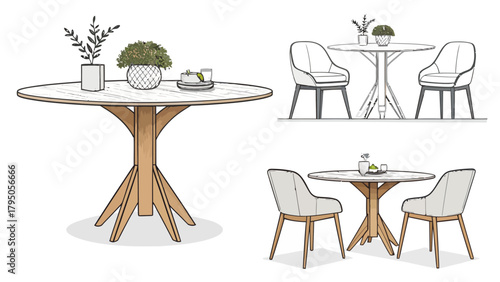 Modern dining space showcasing round tables with plants and drinks, designed for elegant living and social gatherings in stylish homes and restaurants