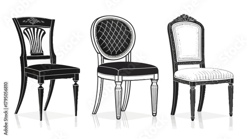 Elegant antique chair set for sophisticated interiors, classic furniture designs for luxury homes and upscale restaurants, vector style furnishings