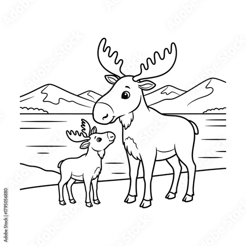 Moose and calf outline drawing by a lake with mountains for coloring