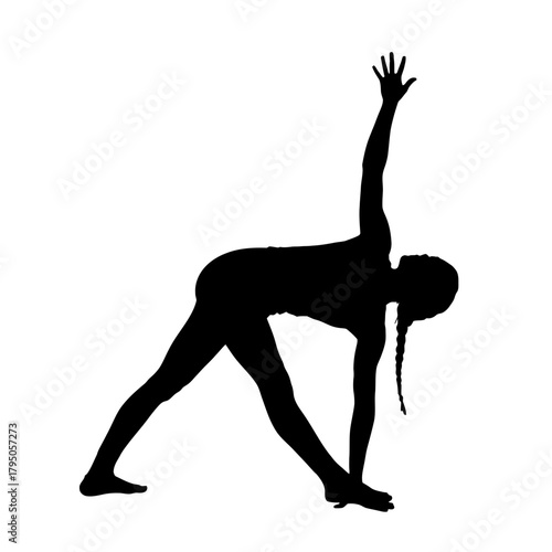 Intense Woman in Parivrtta Trikonasana Revolved Triangle Yoga Pose Silhouette White Background