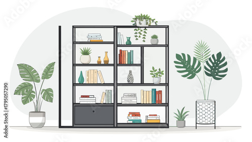 Modern living space featuring bookshelf with books and potted plants, creating a cozy, inviting, and well-organized home interior design concept