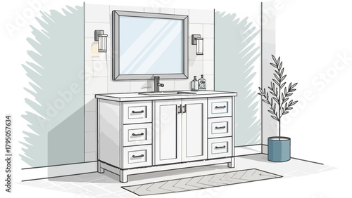 Visualize a modern bathroom renovation with a stylish vanity, mirror, and plant to inspire interior design projects for a tranquil, spa-like retreat