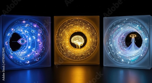 Three illuminated abstract art pieces depicting cosmic or neural pathways, one with an eye, another with a brain, and the third with a human-like figure.