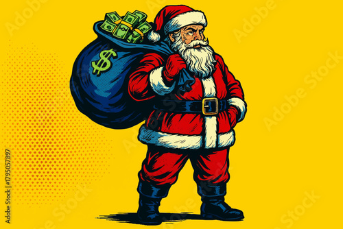 Santa Claus holding a large sack overflowing with cash, symbolizing holiday spending, profits, and commercialism. Generative ai vector colorful pop art illustration.