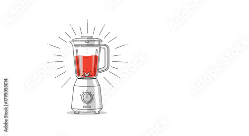 A cartoon-style kitchen blender with a clear pitcher holds a vibrant red liquid, ready to make a fresh smoothie or juice, highlighted by radiating lines.