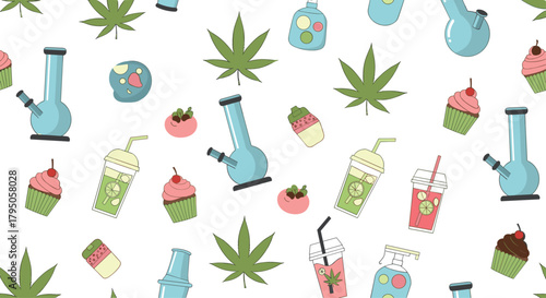 Seamless pattern featuring playful illustrations of cannabis leaves, bongs, sweet cupcakes, and cool drinks on a white background.