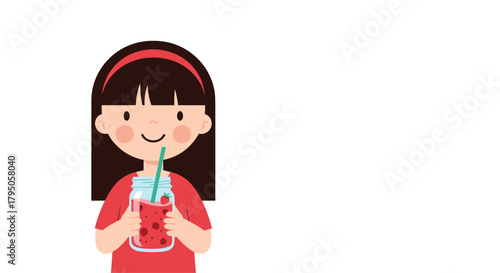 A cheerful young girl with a red headband enjoys a refreshing strawberry smoothie in a mason jar with a green straw, smiling sweetly.