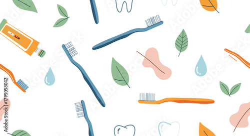 Seamless pattern of dental hygiene items, including toothbrushes, toothpaste, and teeth outlines, with natural elements like leaves and water drops.