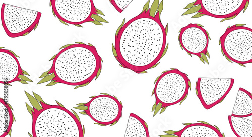 Seamless pattern illustration of tropical dragon fruit, or pitaya, with vibrant pink skin, green scales, and white flesh containing black seeds.