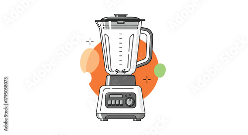 An appealing illustration of a sleek, modern kitchen blender with a clear pitcher, sturdy base, and digital controls, set against a vibrant background.