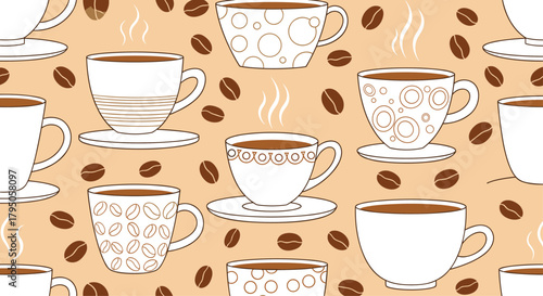 Seamless pattern of coffee cups and beans on a light brown background.