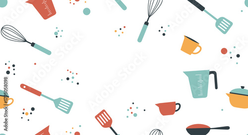 A whimsical white background pattern featuring an assortment of colorful kitchen utensils and baking tools, perfect for culinary themes.