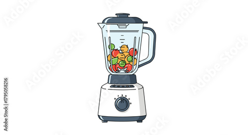 A blender filled with colorful fruits, ready to make a smoothie, is isolated on a white background in a simple, illustrative style.