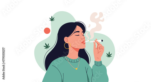 Relaxed young woman with closed eyes enjoying a moment of tranquility while smoking a cannabis joint, surrounded by stylized marijuana leaves.