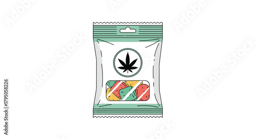 Vector illustration of a clear bag filled with assorted colorful cannabis gummies, highlighted by a marijuana leaf symbol on the packaging.