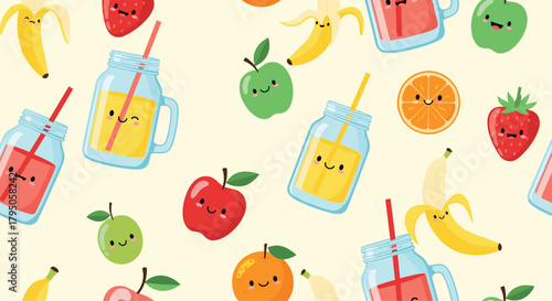 A cheerful seamless pattern featuring various cute cartoon fruits and refreshing juice drinks in mason jars on a light background.