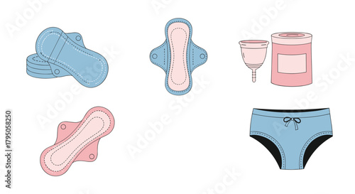 An illustration featuring a collection of reusable and eco-friendly feminine hygiene products, including various cloth menstrual pads, a menstrual cup, and period underwear.