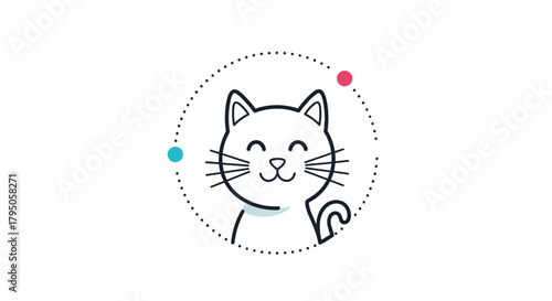 A charming and happy cartoon cat with a friendly smile, illustrated within a dotted circle, conveying warmth and playful joy.