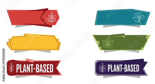 Collection of colorful plant-based labels and ribbons with leaf icons, perfect for organic, vegan, and eco-friendly product branding.