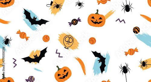 Seamless Halloween pattern with spooky jack-o'-lanterns, flying bats, spiders, and candies on a white background with colorful brush strokes.