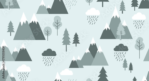 A serene and minimalist seamless pattern featuring snow-capped mountains, evergreen trees, and gentle rain clouds against a calm blue background.