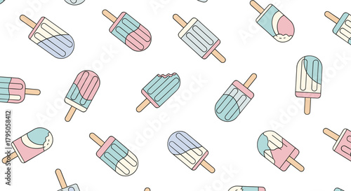 Adorable seamless pattern featuring various pastel-colored popsicles and ice lollies, ideal for summer-themed designs and sweet treats.