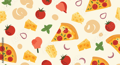 A vibrant seamless pattern featuring delicious pizza slices, fresh tomatoes, cheese, basil, and red onions, alongside whimsical decorative elements.