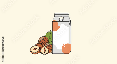 Minimalist illustration of a hazelnut milk carton with a screw cap, accompanied by a small pile of whole and shelled hazelnuts on a light background.