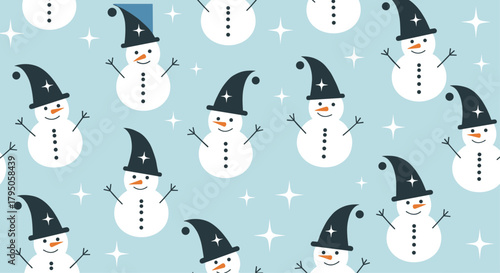 A charming seamless pattern features playful snowmen wearing dark pointed hats with stars, set against a light blue background with twinkling white stars.