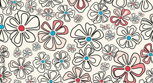 Whimsical hand-drawn daisy-like flowers with red and blue centers creating a continuous nature-themed design on a cream backdrop.