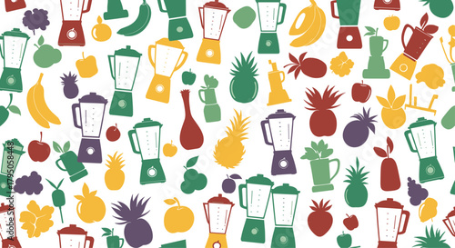 A colorful assortment of blender and fruit silhouettes arranged on a white background.