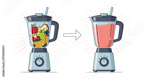 Blender with fruits for smoothie transforming into blended smoothie shown with arrow depicting before and after concept on a white background.