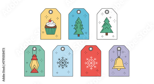 Collection of colorful Christmas and holiday gift tags featuring festive designs such as evergreen trees, snowflakes, a cupcake, a lantern, and a golden bell.