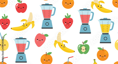 A charming seamless pattern featuring cute cartoon fruits, including strawberries, bananas, apples, and oranges, along with blenders making colorful smoothies.