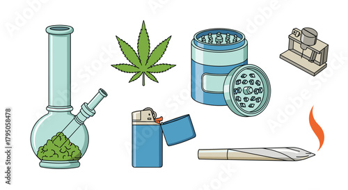 An illustrative set of cannabis smoking accessories, featuring a bong, grinder, lighter, rolling machine, a lit joint, and a marijuana leaf.