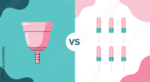 Visual comparison of a reusable pink menstrual cup versus multiple disposable tampons for feminine hygiene protection.