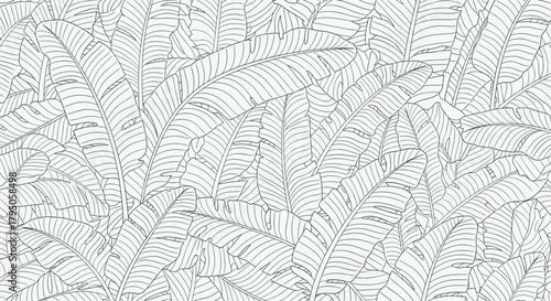 Elegant outline drawing of a seamless tropical banana leaf pattern, perfect for nature-inspired designs, coloring books, and textile prints.