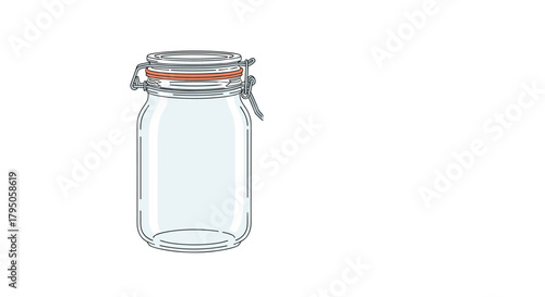 Empty clear glass preserving jar with a metal clasp and orange rubber seal, ready for use in the kitchen or for storage.