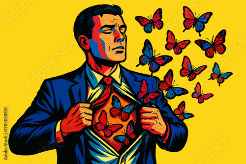 businessman opening his shirt to release colorful butterflies, symbolizing transformation, emotion, and inner freedom. Generative ai vector colorful pop art illustration.