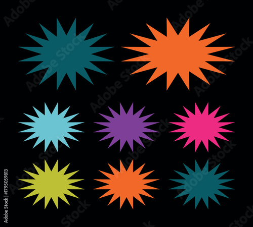 Colorful Starburst and Sunburst Vector Sticker Set – Radiant Price Tags, Promotional Sale Labels, Discount Badge Graphics, and Decorative Burst Shapes for Retail Marketing in Black Background
