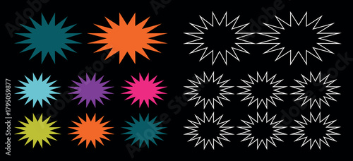 Vibrant Colorful Starburst Sticker Collection – Dynamic Price Tags, Bold Sale Labels, Eye-Catching Discount Badges, and Sunburst Circle Shape Vectors for Promotional Designs in Black