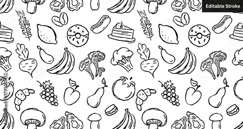 Hand-drawn food doodle seamless pattern. Sketch illustration background of fruits, vegetables, and dessert.