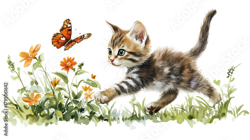 Playful Kitten Chasing Butterfly