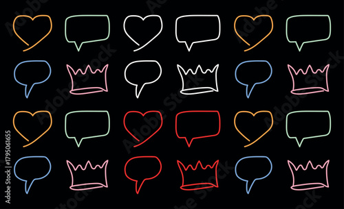 Expressive Hand-Drawn Doodle Elements Featuring Chat Box, Heart, and King Hat for Trendy Vector Design Projects in Black Background