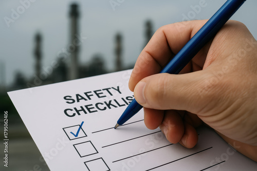 Safety checklist in hand being filled at outdoor site showing a checked and a pen conveying inspection and workplace safety confidence