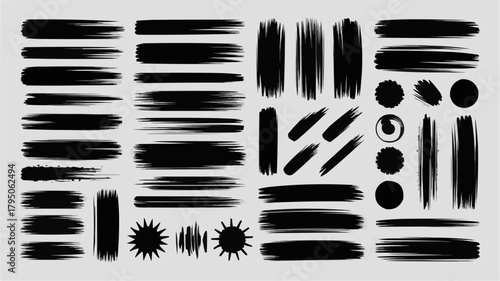 Black Stroke Collection: An array of artistic black strokes, meticulously arranged to showcase a variety of brush strokes, including long, short, thick, and thin strokes. 
