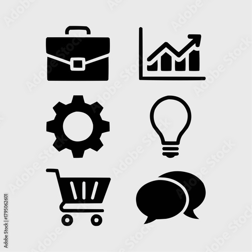 Business Icons Set: A collection of concise black icons representing essential elements of business, including a briefcase, rising graph, gear, light bulb, shopping cart, and speech bubbles.