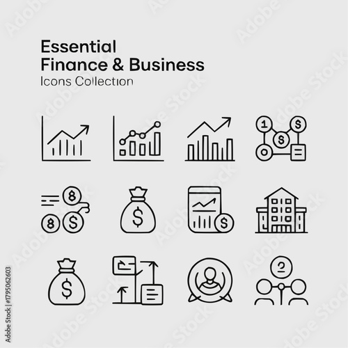 Finance & Business Icons: A curated set of clean, minimalist icons representing financial growth, business progress, and strategic planning, ideal for design project. 